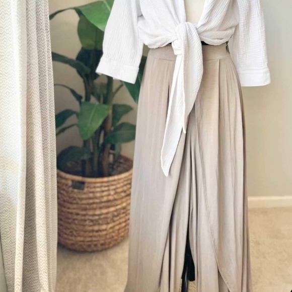 Entro Wide Leg Split Leg Pants Taupe Tan High Rise Boho Beach Neutral Stretch L - Picture 2 of 7